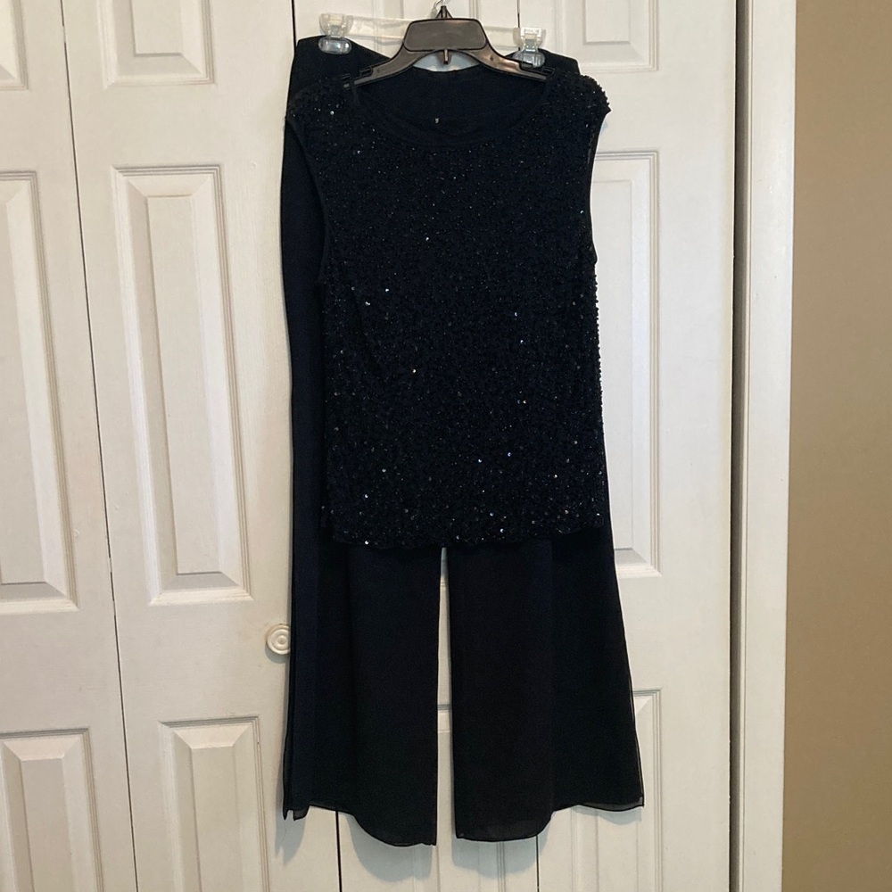 3 Piece Outfit.. Long Black dress pants with beaded top and Satin Camisole.
